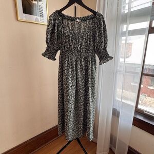 Green and Ivory Floral Smocked Midi Dress